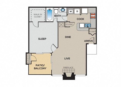 A floor plan of a house with a sleeping area, a kitchen, a dining area, a living room, a bathroom, a patio, and a fireplace.